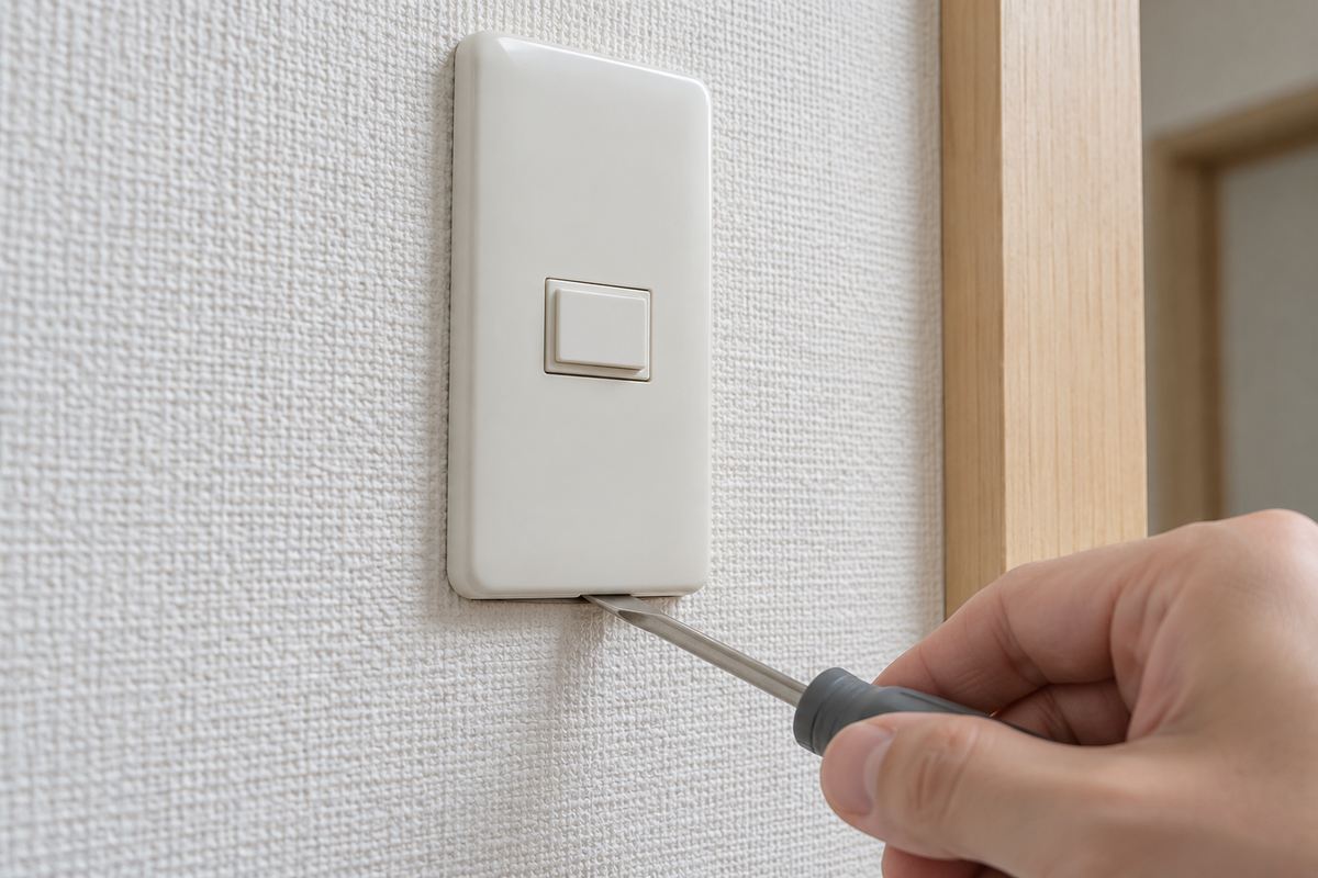 マイナスドライバーでスイッチプレートの下側の溝を浮かせる