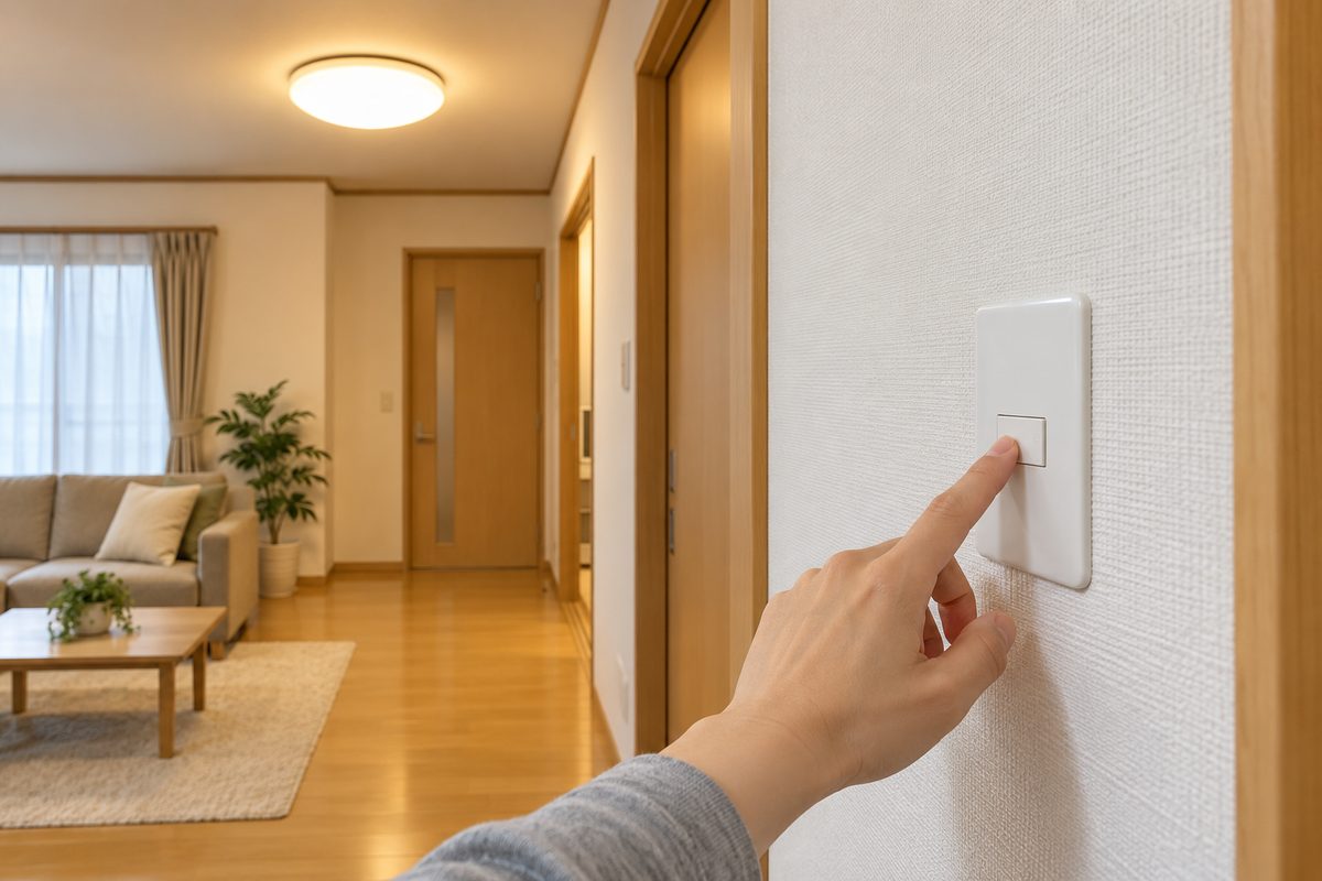 交換後の白いスイッチを押して照明を点灯させた室内